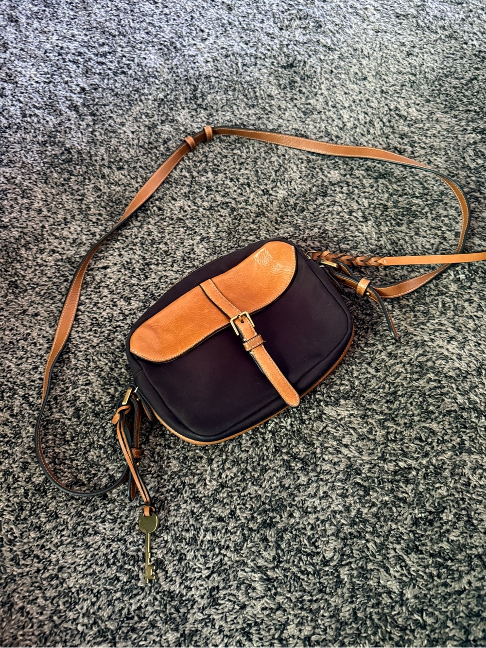 Fossil Black Nylon & Brown Leather Flap Crossbody Bag Key Charm
